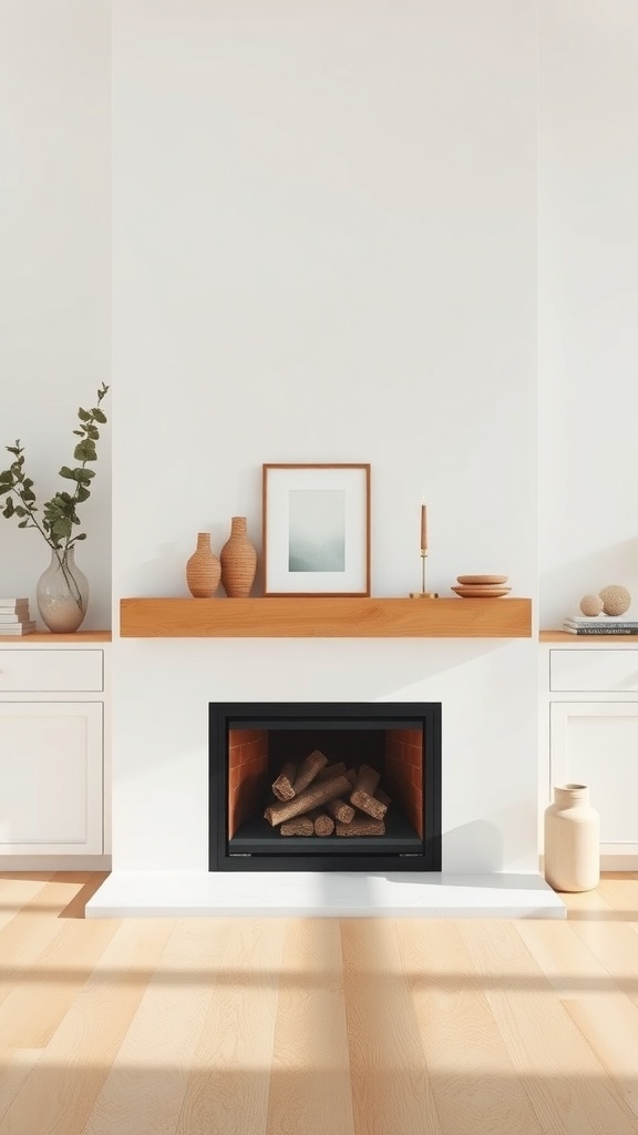 A minimalist mid-century modern fireplace with a wooden mantel, surrounded by light-colored walls and flooring.