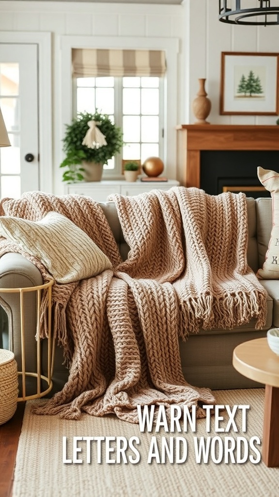 A cozy knit throw draped over a sofa in a farmhouse living room setting.