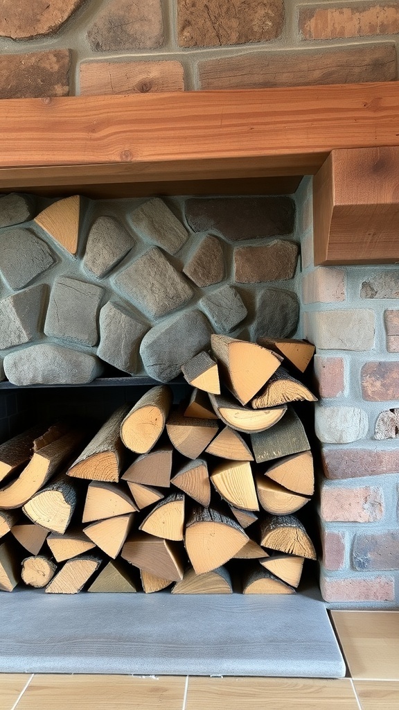 A neatly stacked firewood rack next to a stone fireplace, showcasing the natural beauty of the logs.