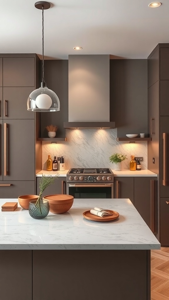 Modern kitchen with dark cabinetry and light countertops, featuring plants and stylish decor.