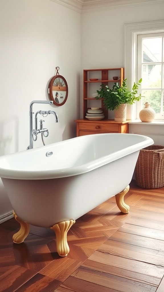 A classic clawfoot tub in a bright farmhouse bathroom with wooden accents and a potted plant.