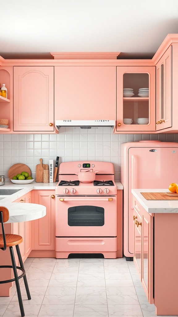 A cozy pink kitchen featuring vintage pink appliances, including a stove and refrigerator, with pink cabinets and a small dining area.