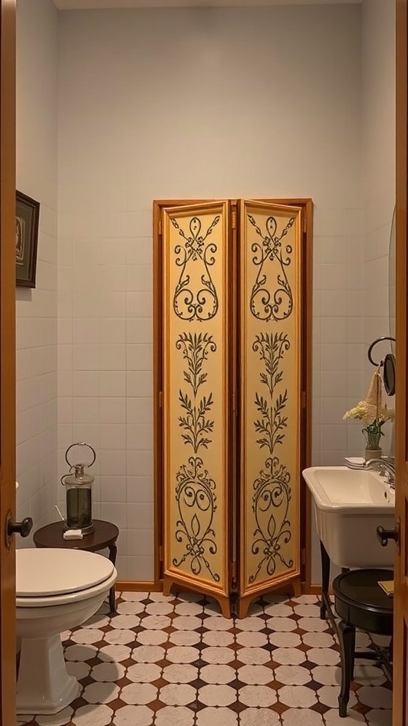 A vintage bathroom featuring a decorative folding screen with floral patterns, a toilet, and a sink.