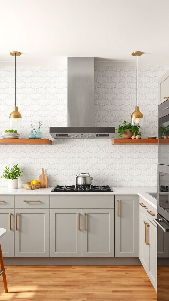 Modern kitchen with geometric shiplap backsplash, gray cabinets, and wooden accents.