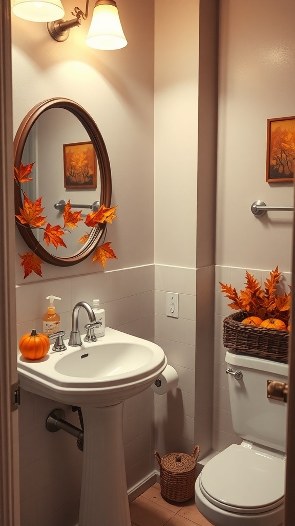 A cozy bathroom decorated with pumpkin and autumn leaves accents.