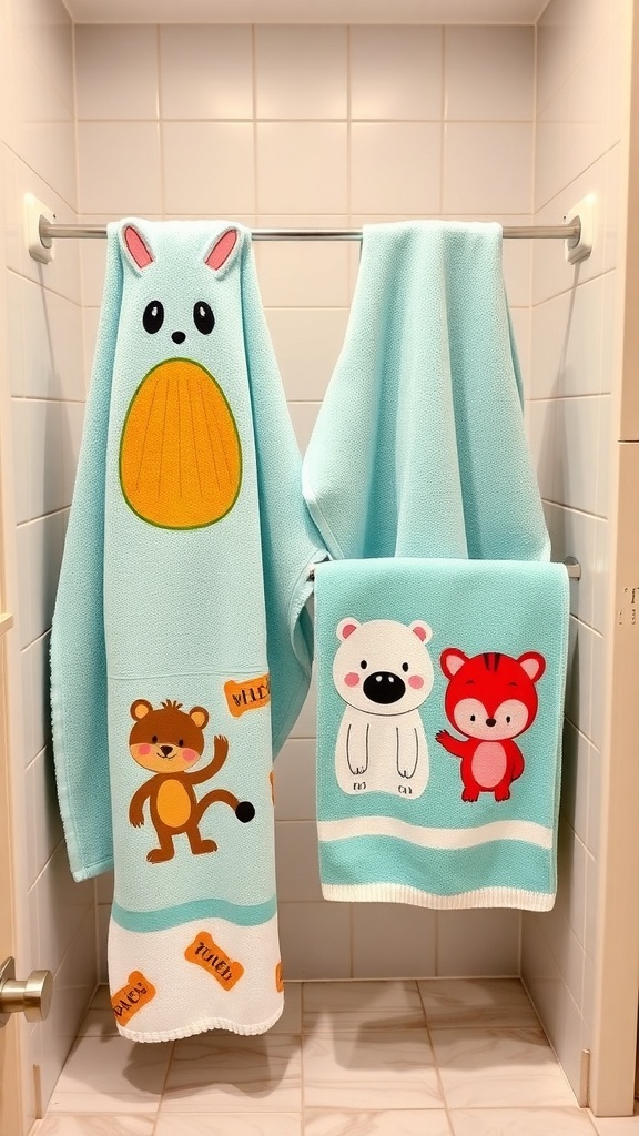 Playful towel set featuring a bunny and animal designs in a bathroom