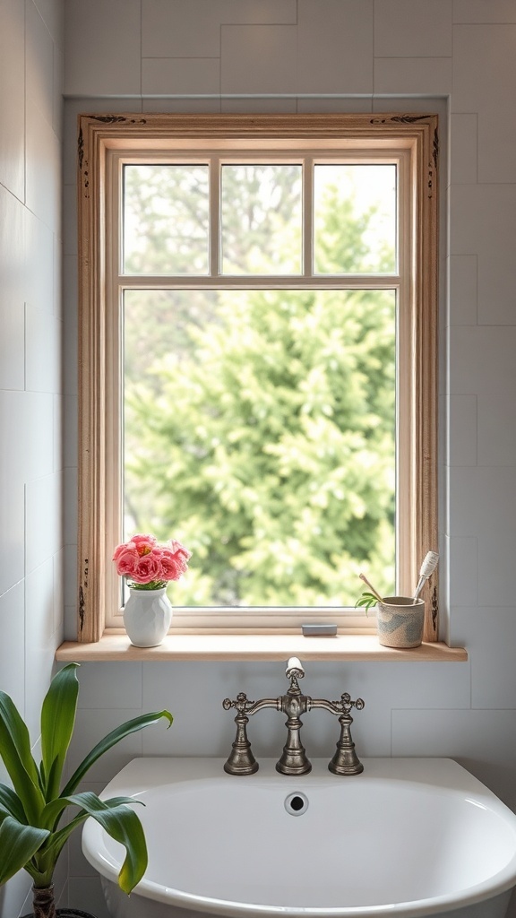 A bathroom window with a wooden frame, featuring a vase of pink flowers and a potted plant on the sill.