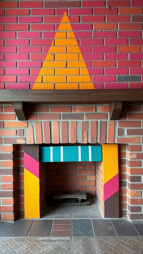 A brick fireplace with bold geometric patterns in vibrant colors.