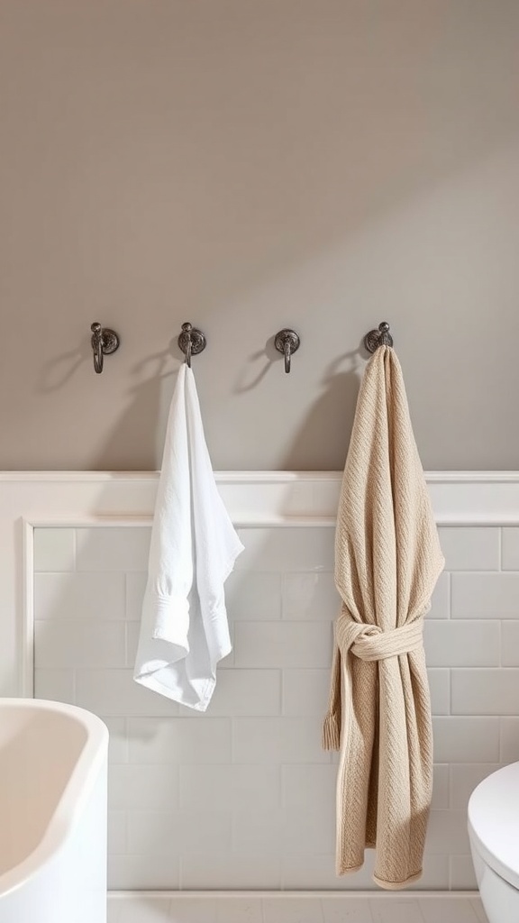 Three wall hooks with white and beige towels hanging in a bathroom