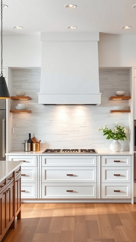 Modern kitchen with a stylish white range hood and wooden accents