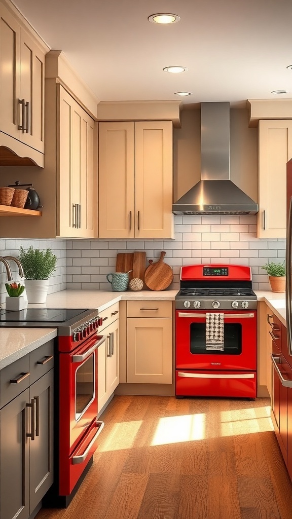 A modern farmhouse kitchen featuring bold red appliances and light-colored cabinets.