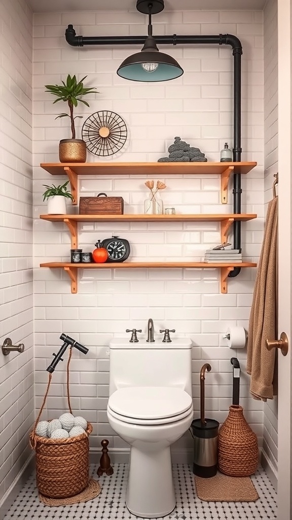 An industrial-style bathroom featuring pipe shelving with wooden shelves and decorative items.