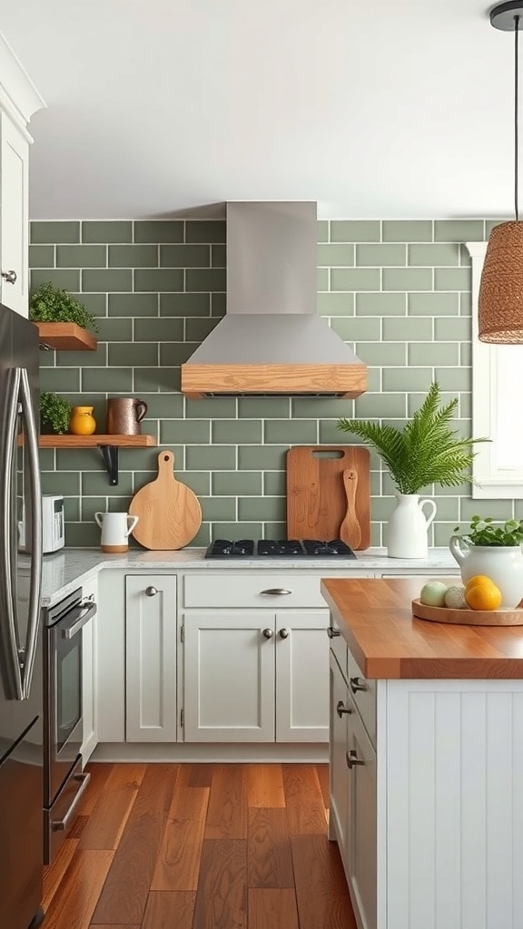 A modern kitchen featuring olive green shiplap backsplash with white cabinets and wooden accents.