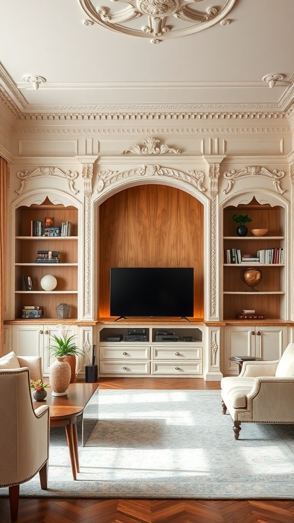 Living room with built-in shelves featuring decorative molding and warm wood accents.