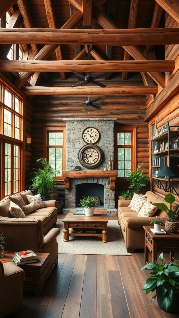 A rustic family room featuring wooden beams, a stone fireplace, and cozy seating.