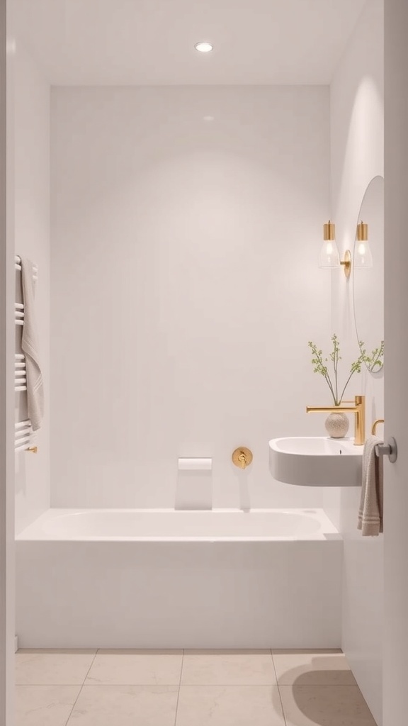 A minimalist bathroom featuring white walls, a bathtub, a modern sink, and subtle gold accents.