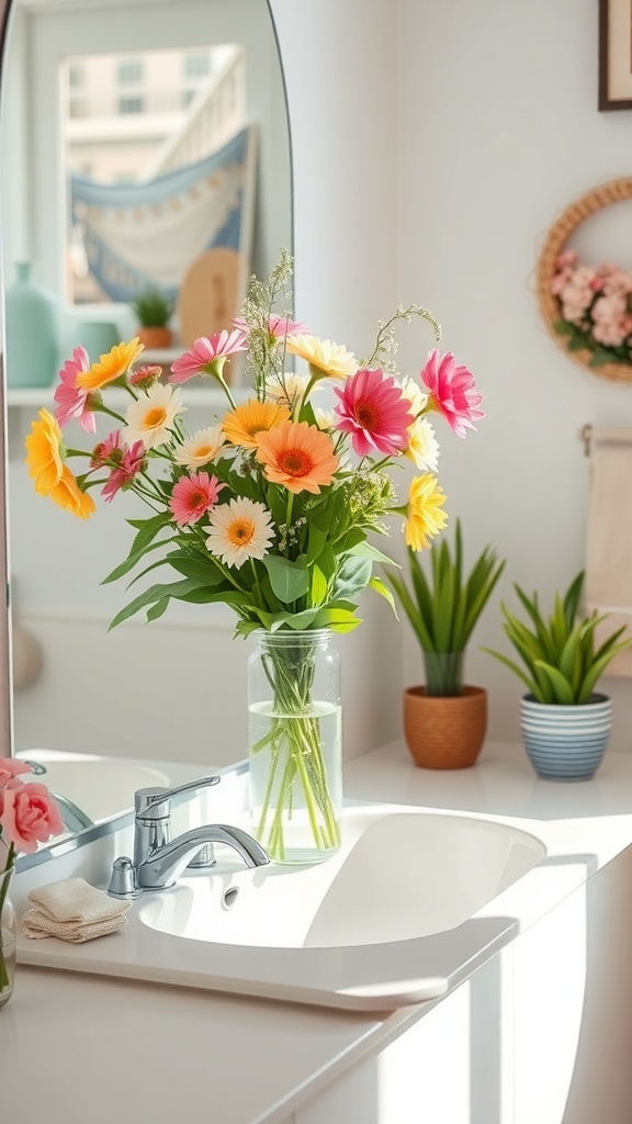 A bright bouquet of flowers in a bathroom setting, adding a fresh touch to the decor.