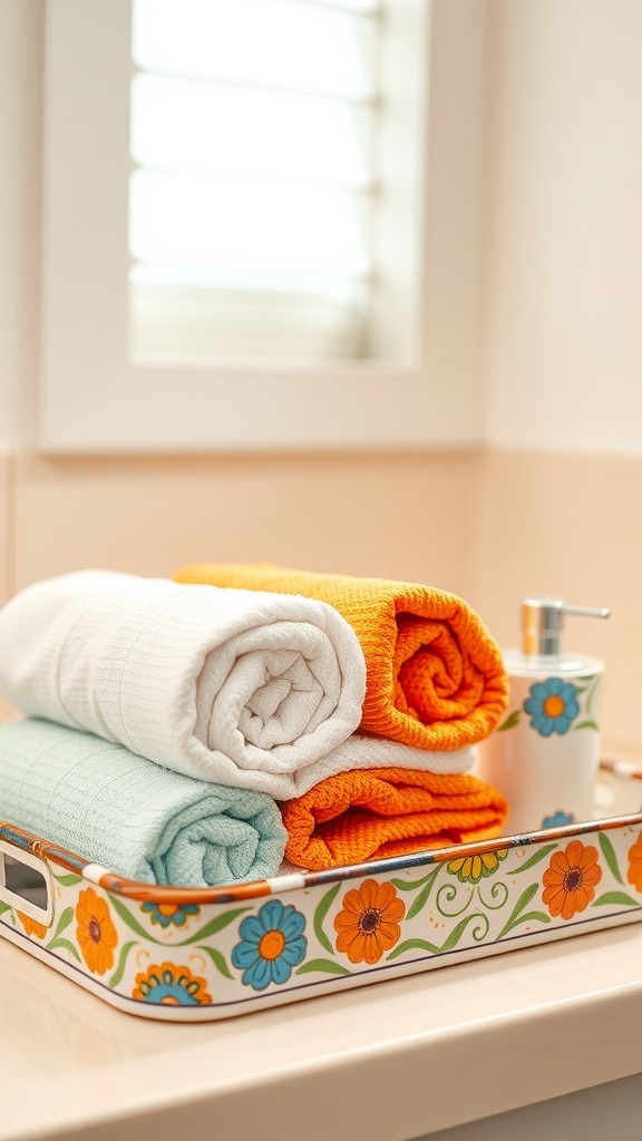 Colorful ceramic tray with rolled towels in white, orange, and mint green, alongside a matching soap dispenser.