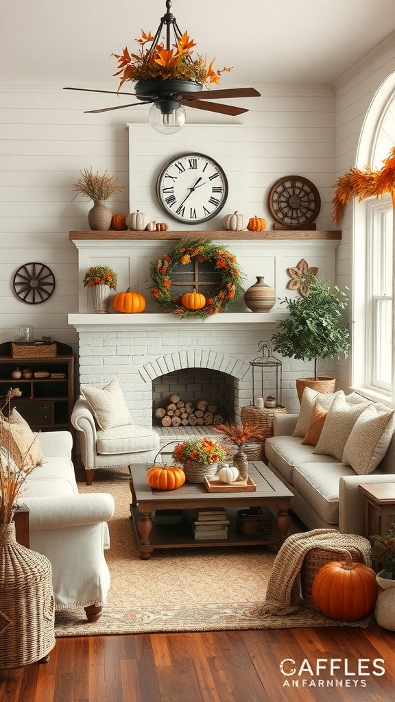 Cozy farmhouse family room decorated for autumn with pumpkins, leaves, and warm tones.