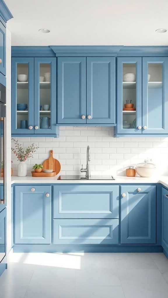 A modern kitchen featuring light blue cabinets with white backsplash and wooden accents.