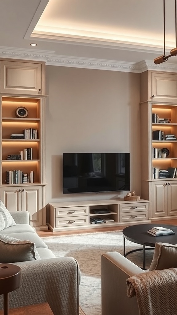 A living room with built-in shelves and a TV unit, featuring warm lighting and a cozy atmosphere.