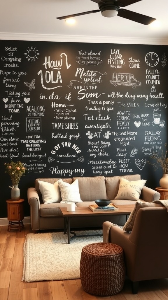 A living room with a chalkboard wall decorated with various handwritten quotes and doodles, featuring a cozy sofa and coffee table.