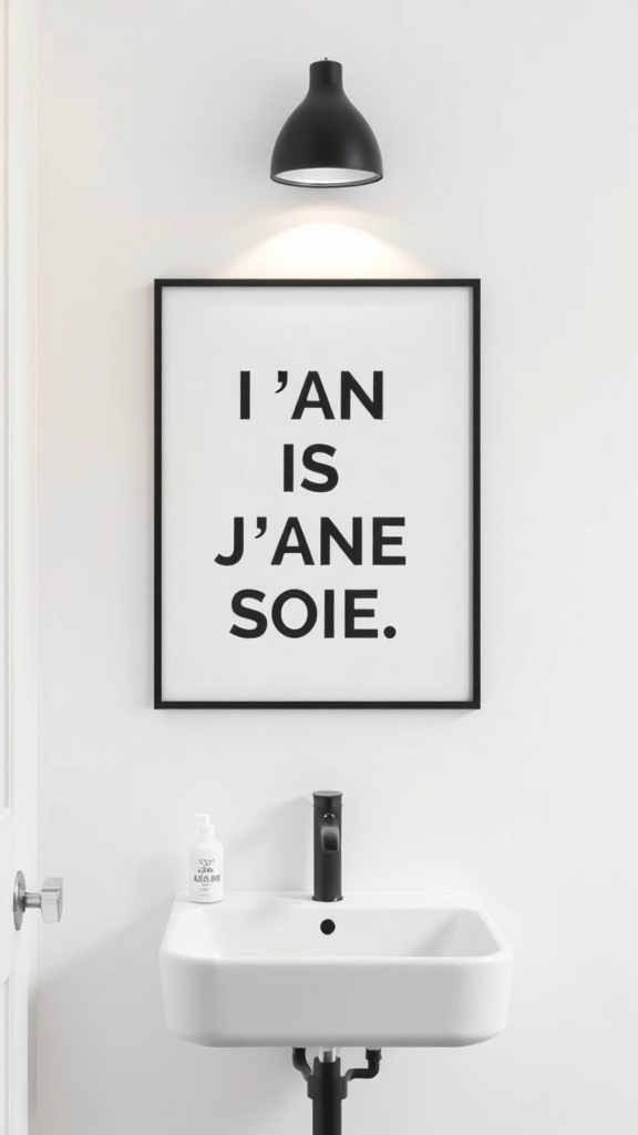 Minimalist wall art in a bathroom featuring bold typography in a black frame.