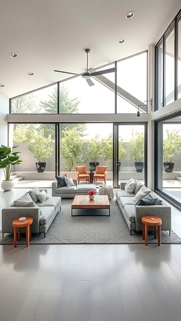 A modern living room with large windows, gray sofas, orange chairs, and greenery outside.