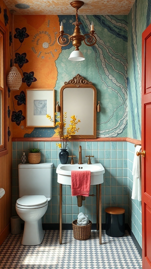 Colorful bathroom with orange and blue-green walls, featuring a stylish sink and decorative elements.