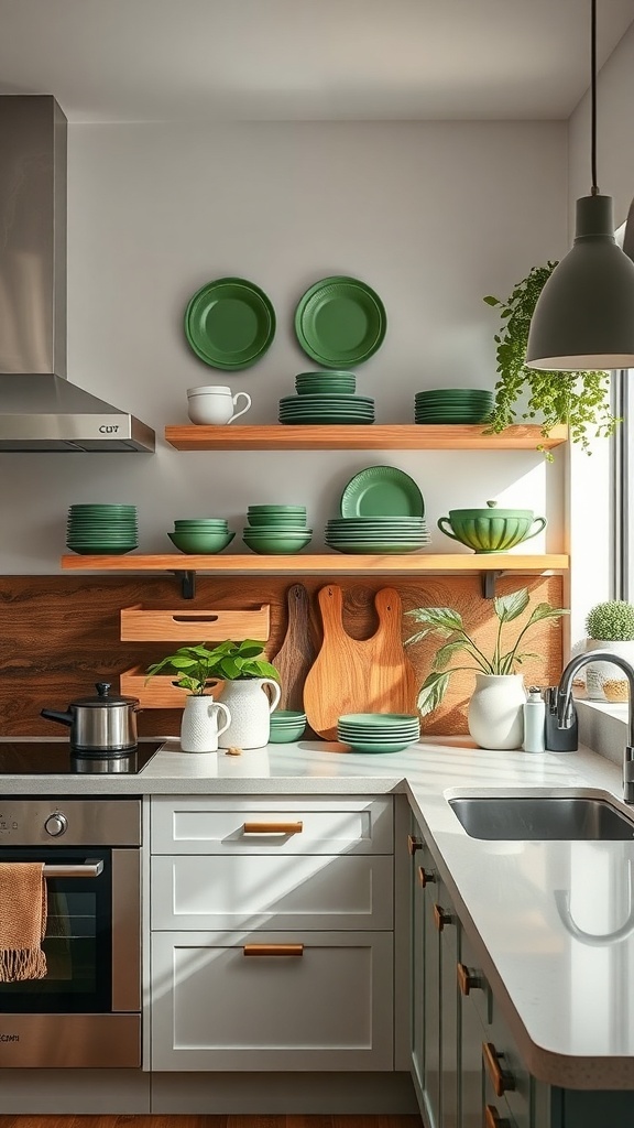 A modern kitchen featuring open shelving with green plates and wooden accents, showcasing sage green cabinets and a bright, airy design.