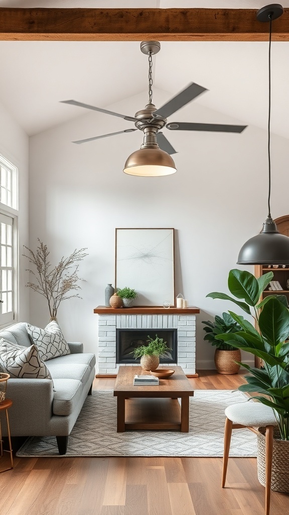 A cozy industrial farmhouse living room featuring a metallic ceiling fan and pendant light.