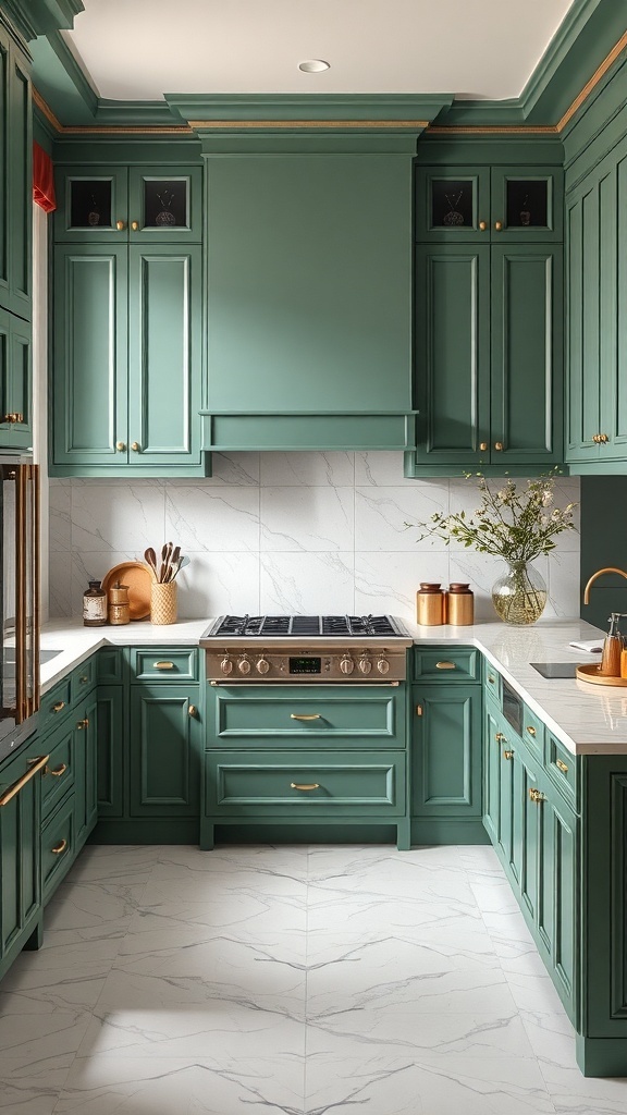 A modern kitchen featuring green cabinets and marble countertops, showcasing a stylish and inviting design.