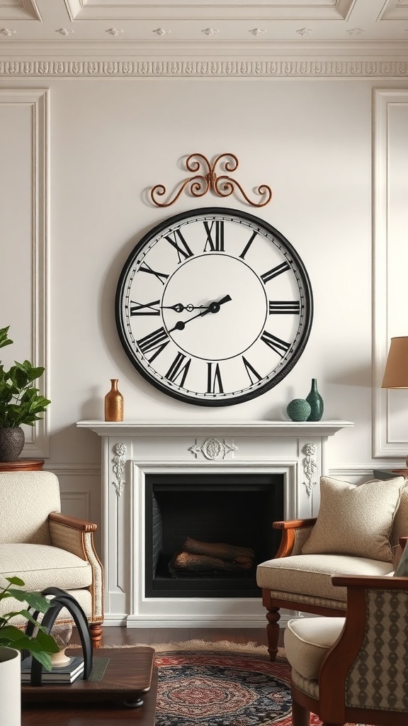 A classic Roman numeral wall clock above a fireplace in a cozy living room.