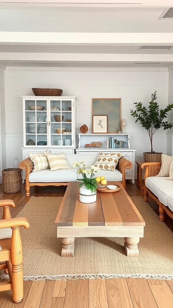 A cozy coastal farmhouse living room featuring rustic wood furniture, including a wooden coffee table and light-colored sofas.