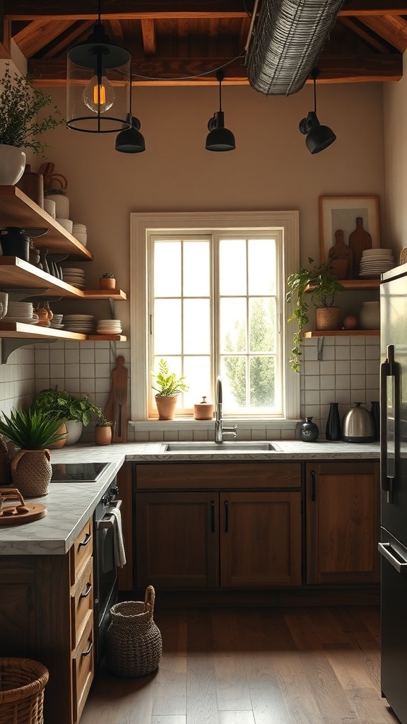 A cozy boho kitchen with wooden shelves, potted plants, and a warm earthy color palette.