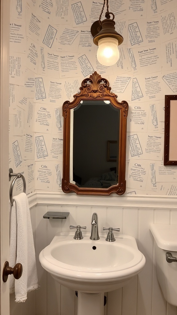 A vintage-inspired bathroom featuring ornate mirror, handwritten wallpaper, and soft lighting.