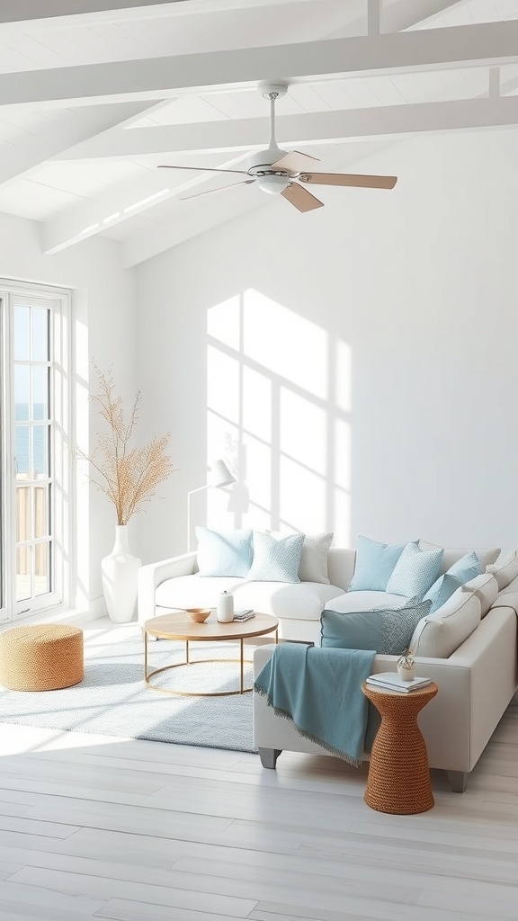 A bright and airy coastal farmhouse living room with white walls, blue accents, and natural wood elements.