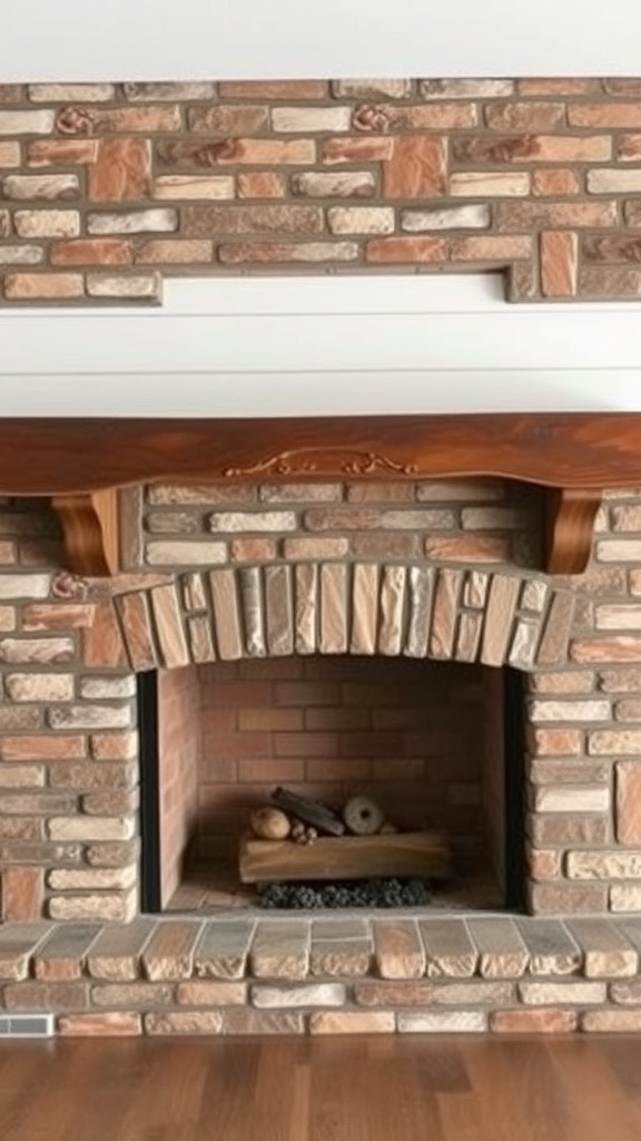 A stone brick fireplace with a wooden mantel and shiplap above.