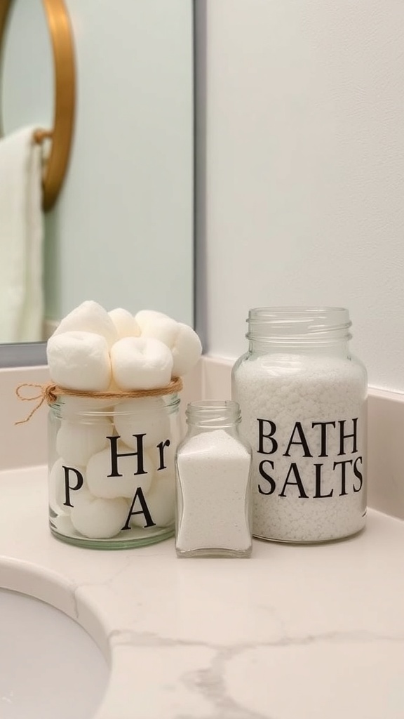 Decorative jars in a farmhouse bathroom, including jars labeled 'BATH SALTS' and filled with cotton balls.