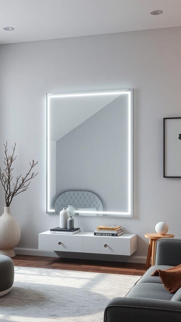 A modern living room featuring a large LED-lit mirror above a white console table, with decorative items and a cozy seating area.
