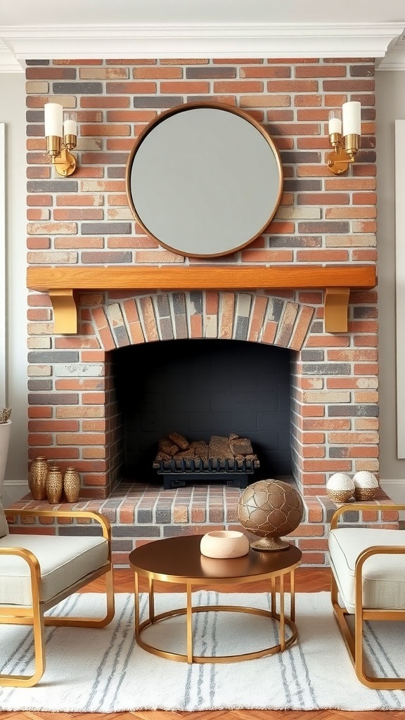 A stylish brick fireplace with gold accents, including a round mirror and sconces, surrounded by modern furniture.