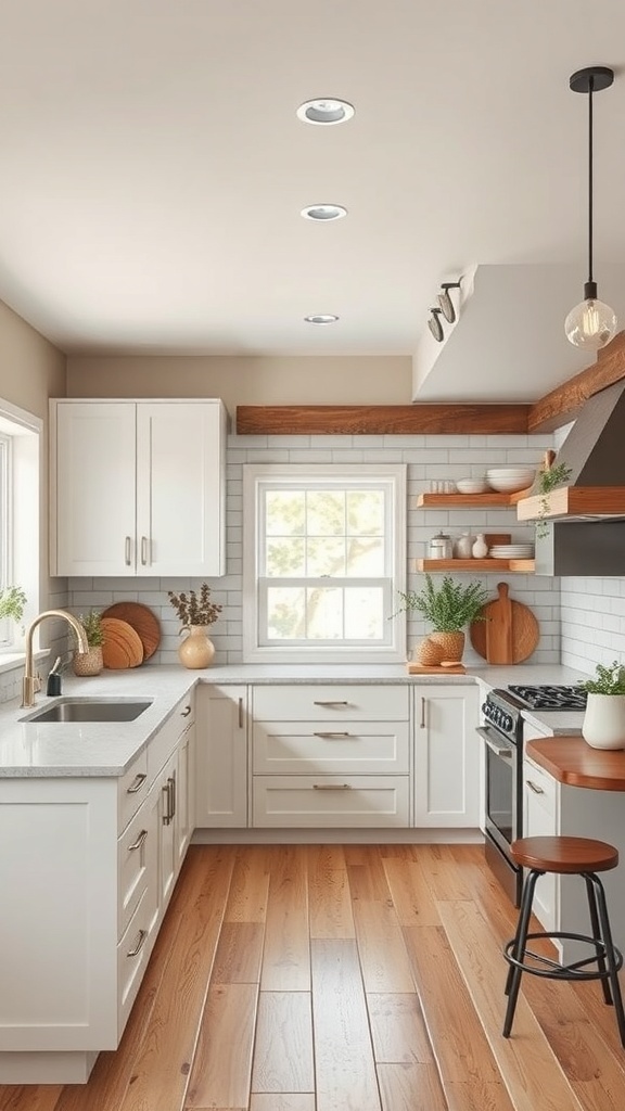 Modern farmhouse kitchen featuring neutral colors and rustic accents