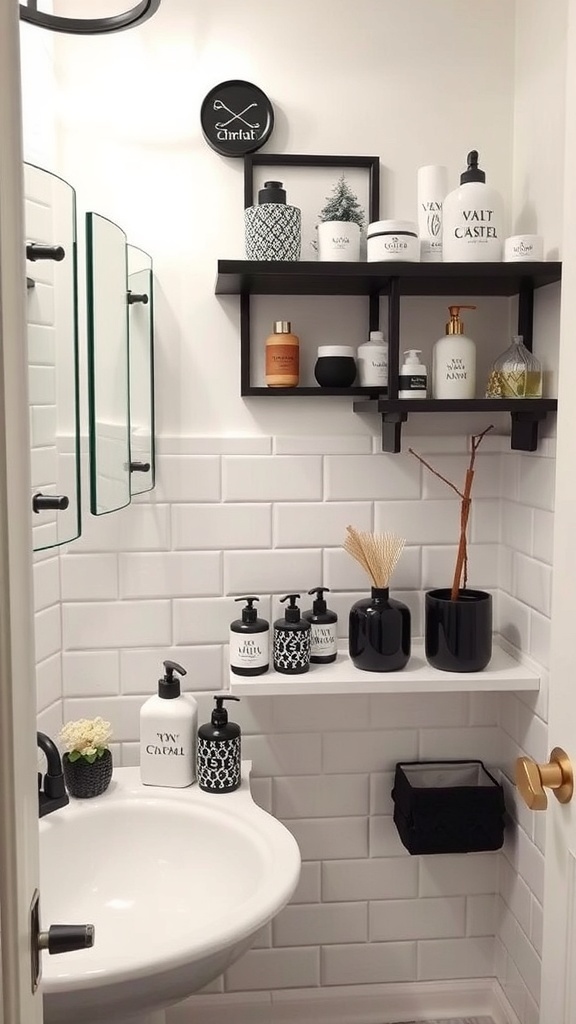 A stylish black and white bathroom with organized shelves displaying various accessories.