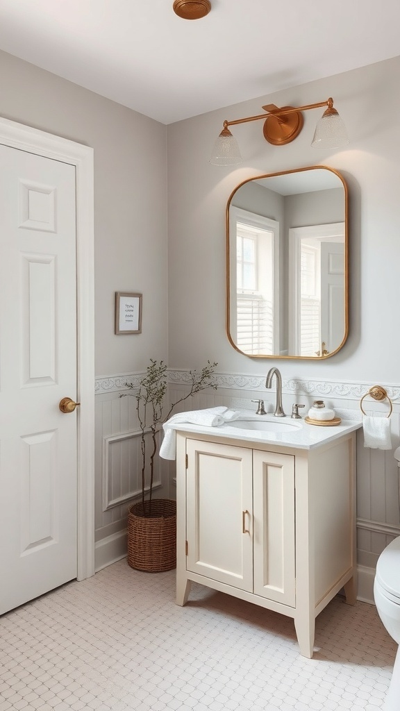 A stylish bathroom vanity with a cream cabinet, round mirror, and soft lighting.