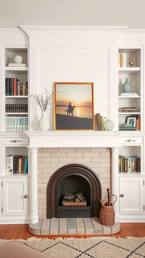 Mid-century modern fireplace with built-in shelving, featuring books, decor, and a framed picture above the fireplace.