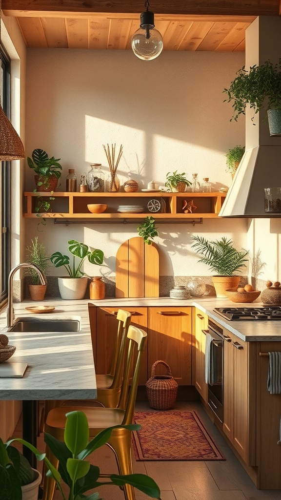 A cozy boho kitchen with wooden shelves, plants, and warm lighting.