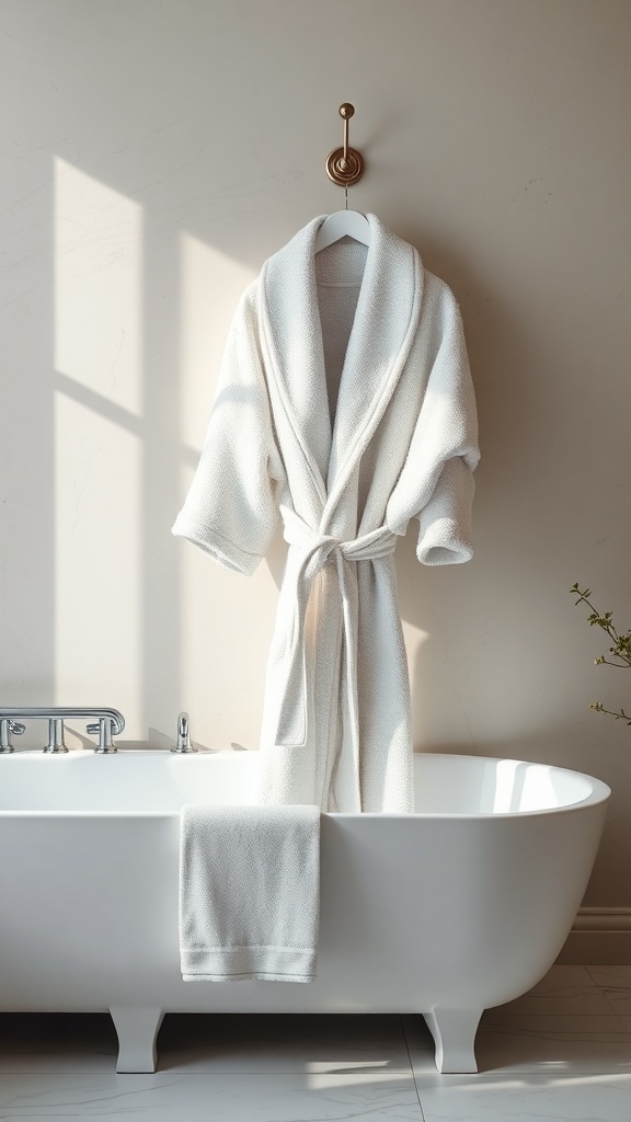 A luxurious white bathrobe hanging by a bathtub in a stylish bathroom.