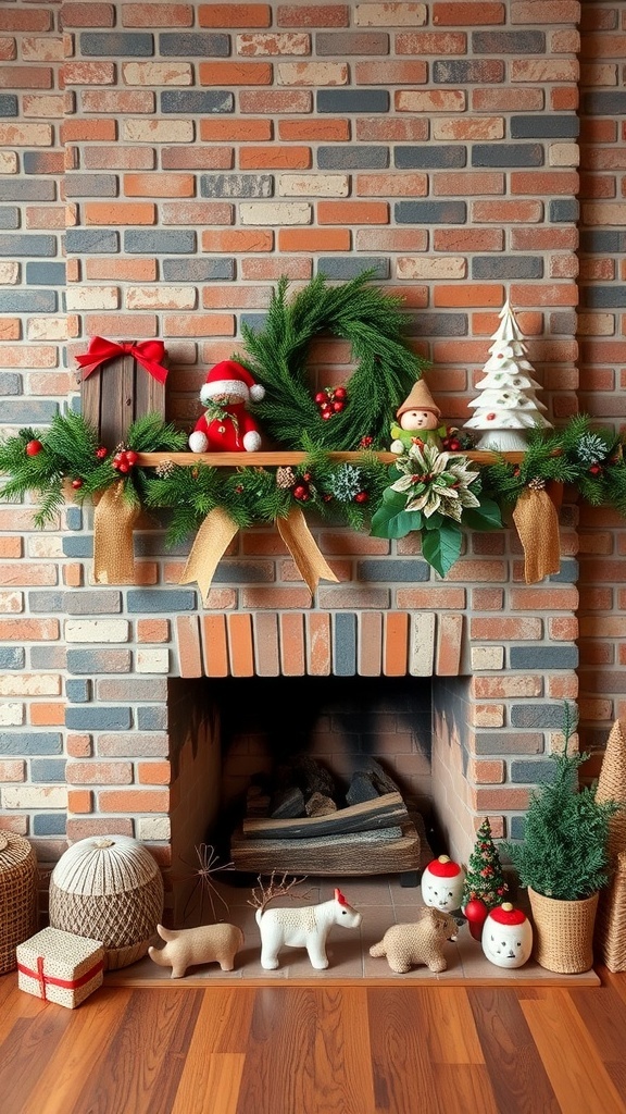 A cozy brick fireplace decorated for the holiday season with a wreath, Santa figurine, and festive accents.