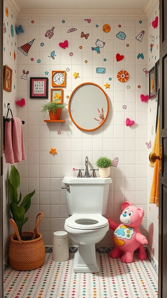 A colorful and whimsical bathroom with playful wall art, a pink bear figure, and potted plants.