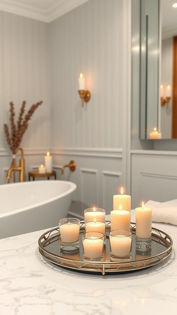 A luxurious candle display in a bathroom featuring various sizes of candles on a decorative tray.